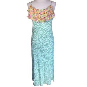 Rixo white Maxi Sundress w/Green animal print & pink orange ruffle top SizeLarge